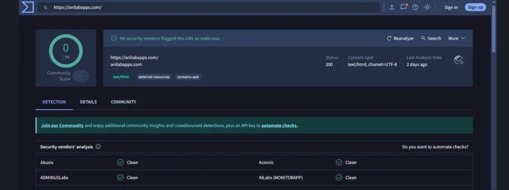 Virus scan report showing website safety status